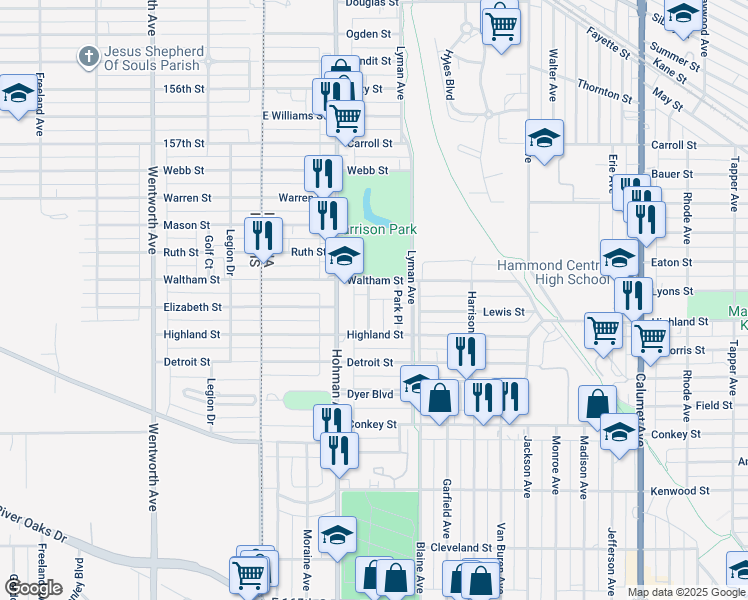 map of restaurants, bars, coffee shops, grocery stores, and more near 5935 Hyslop Place in Hammond