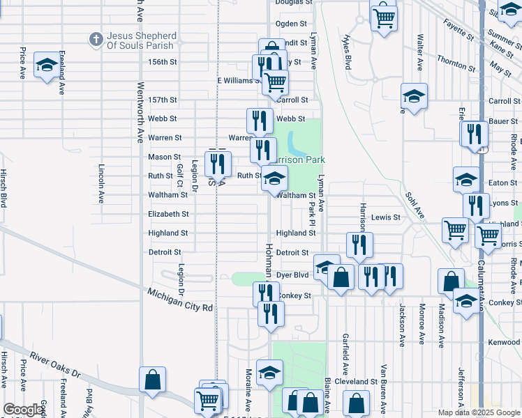 map of restaurants, bars, coffee shops, grocery stores, and more near 5944 Hohman Avenue in Hammond