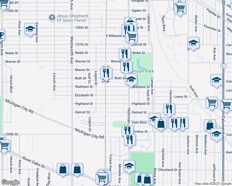 map of restaurants, bars, coffee shops, grocery stores, and more near 39-41 East Elizabeth Street in Hammond
