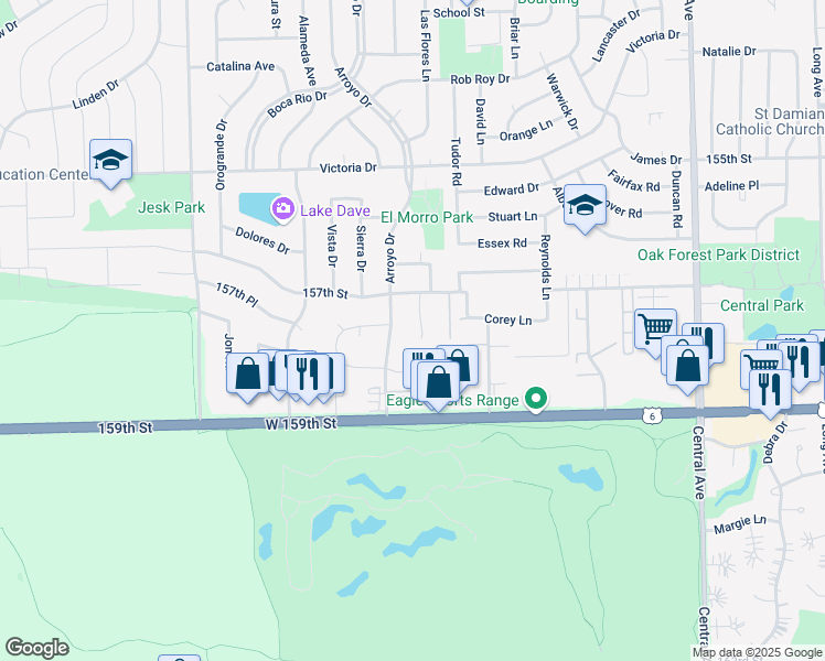 map of restaurants, bars, coffee shops, grocery stores, and more near 15731 La Paz Court in Oak Forest