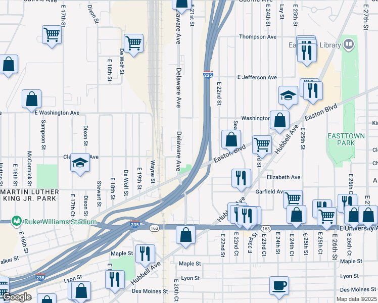 map of restaurants, bars, coffee shops, grocery stores, and more near 1440 East 21st Street in Des Moines