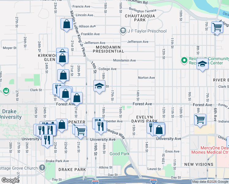 map of restaurants, bars, coffee shops, grocery stores, and more near 1447 17th Street in Des Moines