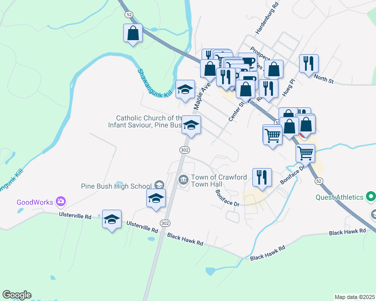 map of restaurants, bars, coffee shops, grocery stores, and more near 83 New York 302 in Pine Bush