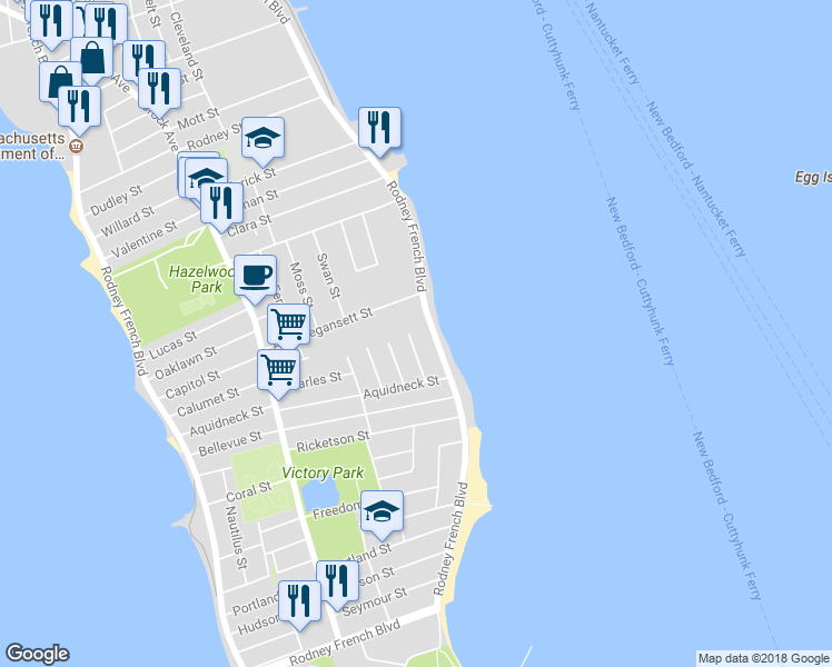 map of restaurants, bars, coffee shops, grocery stores, and more near 380 Margaret Street in New Bedford
