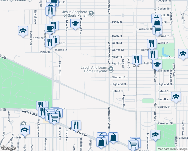 map of restaurants, bars, coffee shops, grocery stores, and more near 304 Elizabeth Street in Calumet City
