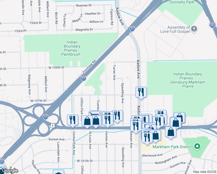 map of restaurants, bars, coffee shops, grocery stores, and more near 15619 Homan Avenue in Markham
