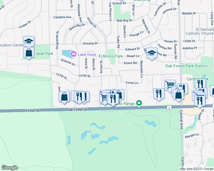 map of restaurants, bars, coffee shops, grocery stores, and more near 15731 La Paz Court in Oak Forest