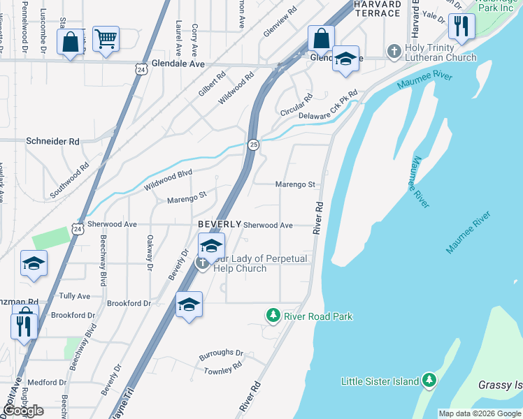 map of restaurants, bars, coffee shops, grocery stores, and more near 2134 Romona Drive in Toledo