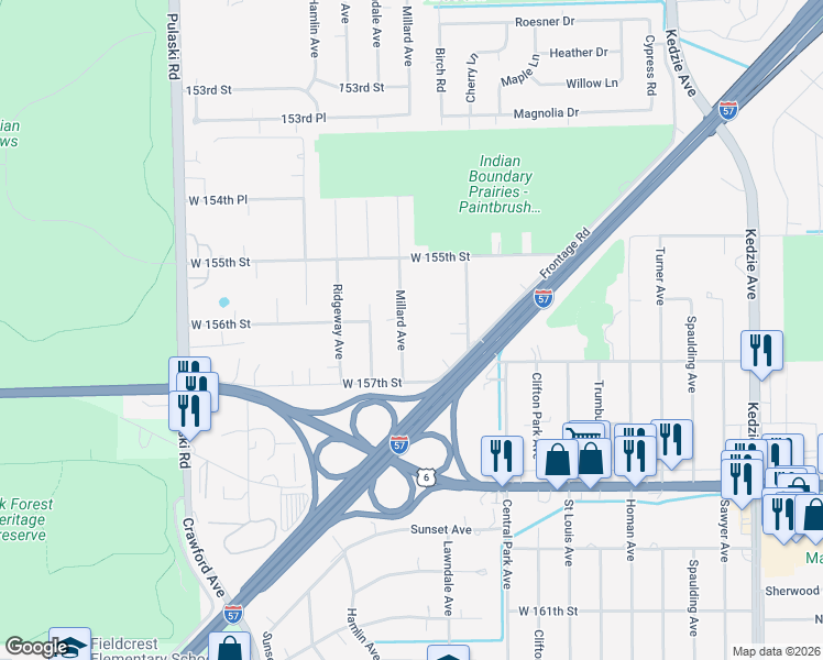 map of restaurants, bars, coffee shops, grocery stores, and more near 15607 Millard Avenue in Markham
