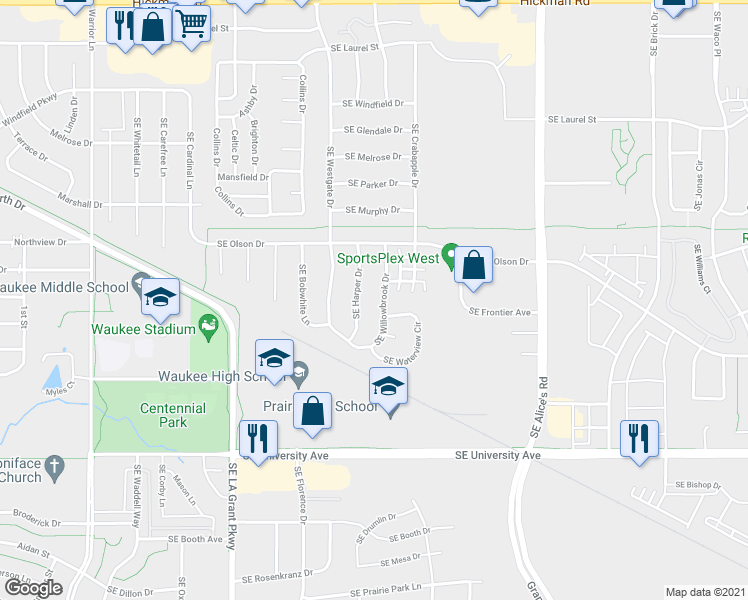 map of restaurants, bars, coffee shops, grocery stores, and more near 890 Southeast Willow Brook Drive in Waukee