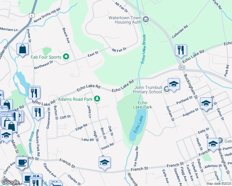 map of restaurants, bars, coffee shops, grocery stores, and more near 480 Echo Lake Road in Watertown