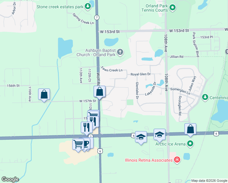 map of restaurants, bars, coffee shops, grocery stores, and more near 15629 Equestrian Drive in Orland Park