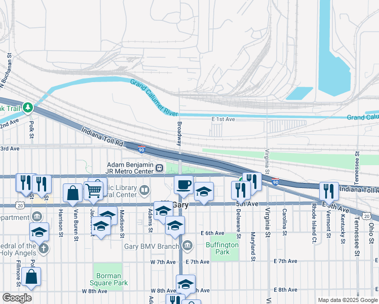 map of restaurants, bars, coffee shops, grocery stores, and more near in Gary