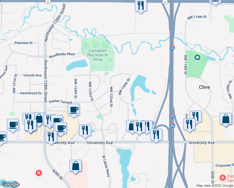map of restaurants, bars, coffee shops, grocery stores, and more near 12156 Sunset Terrace in Clive