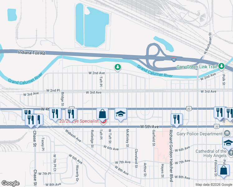 map of restaurants, bars, coffee shops, grocery stores, and more near 300 Roosevelt Street in Gary