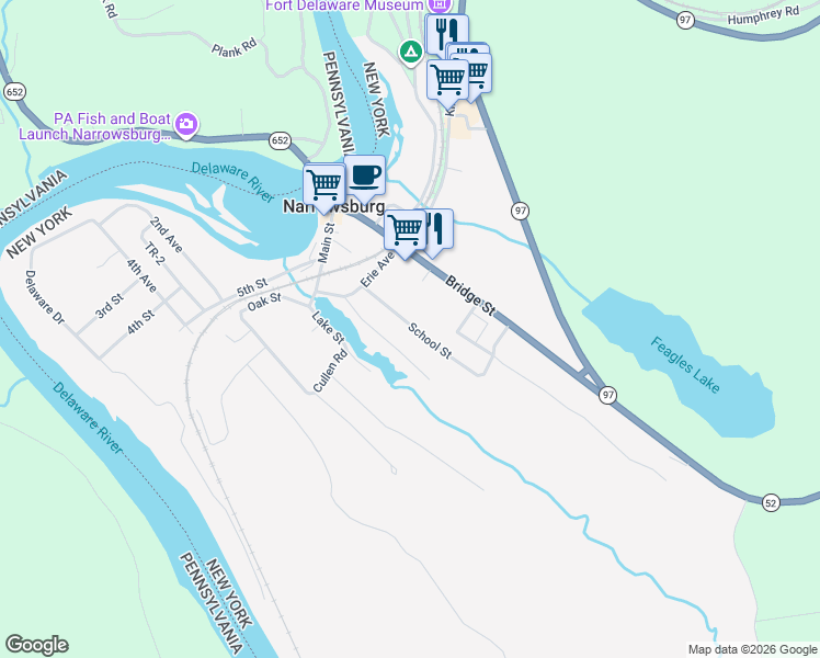 map of restaurants, bars, coffee shops, grocery stores, and more near 42 School Street in Narrowsburg
