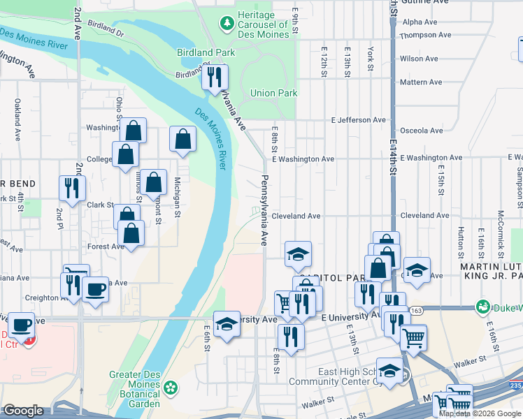 map of restaurants, bars, coffee shops, grocery stores, and more near 1400 Neal Smith Trail in Des Moines