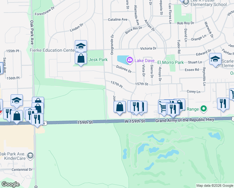 map of restaurants, bars, coffee shops, grocery stores, and more near 15747 Jon Rd in Oak Forest