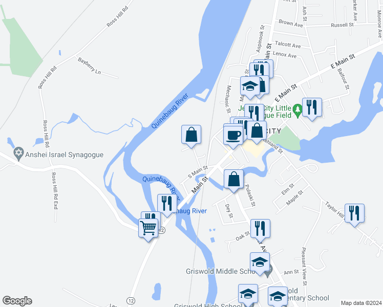 map of restaurants, bars, coffee shops, grocery stores, and more near 30 Anthony Street in Griswold