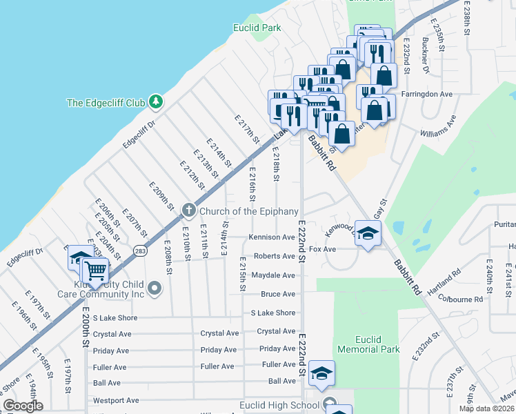 map of restaurants, bars, coffee shops, grocery stores, and more near 271 East 216th Street in Euclid