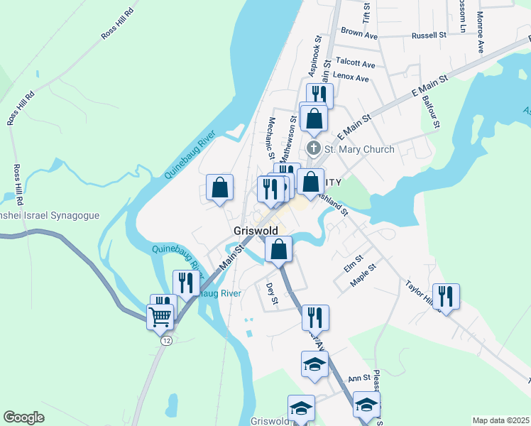 map of restaurants, bars, coffee shops, grocery stores, and more near 34 Main Street in Griswold
