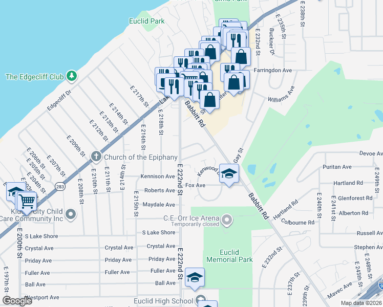 map of restaurants, bars, coffee shops, grocery stores, and more near 351 East 222nd Street in Euclid