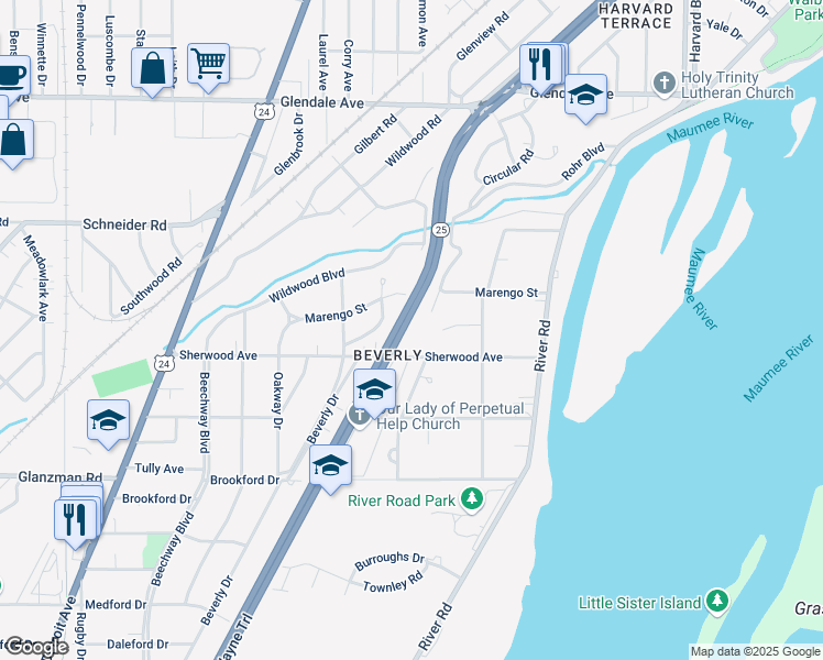map of restaurants, bars, coffee shops, grocery stores, and more near 3322 Anthony Wayne Trail in Toledo
