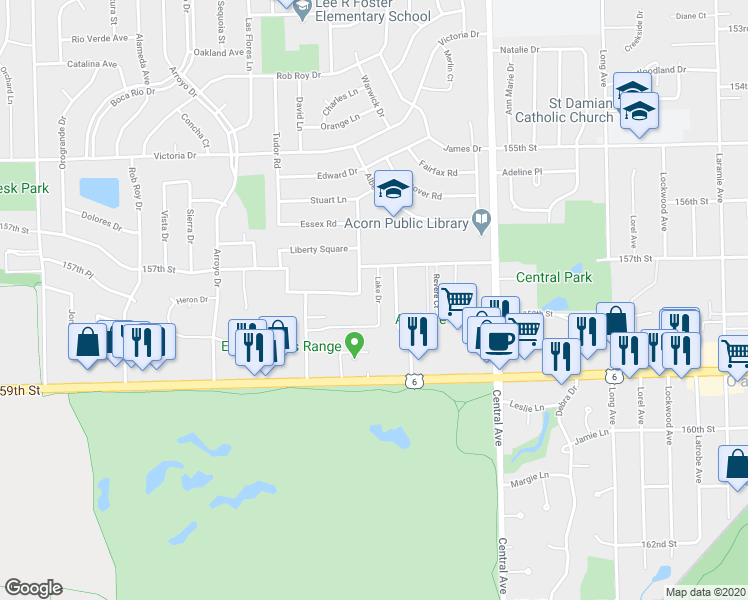 map of restaurants, bars, coffee shops, grocery stores, and more near 15819 Corey Lane in Oak Forest