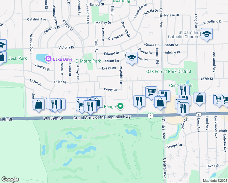 map of restaurants, bars, coffee shops, grocery stores, and more near 15729 Terrace Drive in Oak Forest