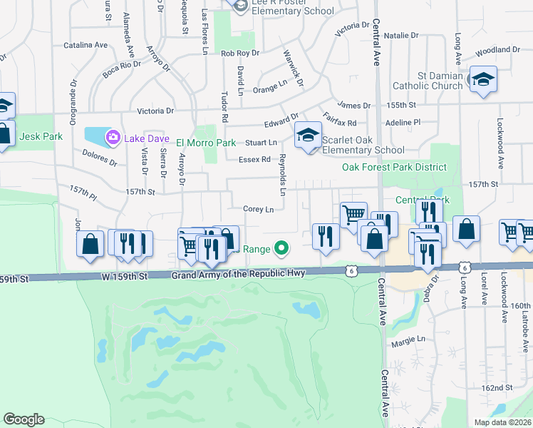 map of restaurants, bars, coffee shops, grocery stores, and more near 15729 Terrace Drive in Oak Forest
