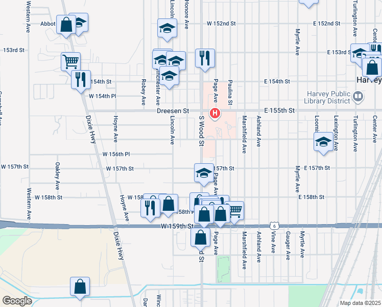 map of restaurants, bars, coffee shops, grocery stores, and more near 15617 Lincoln Avenue in Harvey