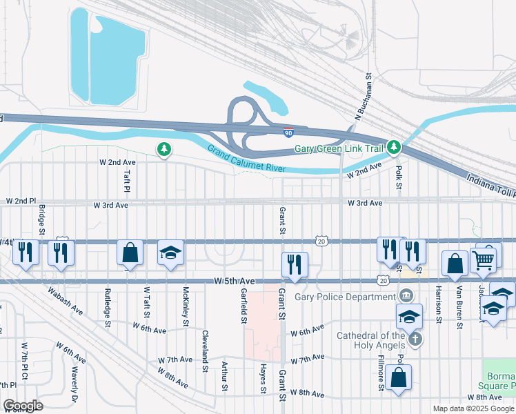 map of restaurants, bars, coffee shops, grocery stores, and more near 302 Hayes Street in Gary