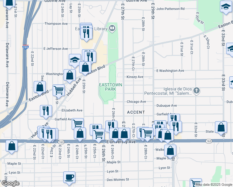 map of restaurants, bars, coffee shops, grocery stores, and more near 2636 Cleveland Avenue in Des Moines