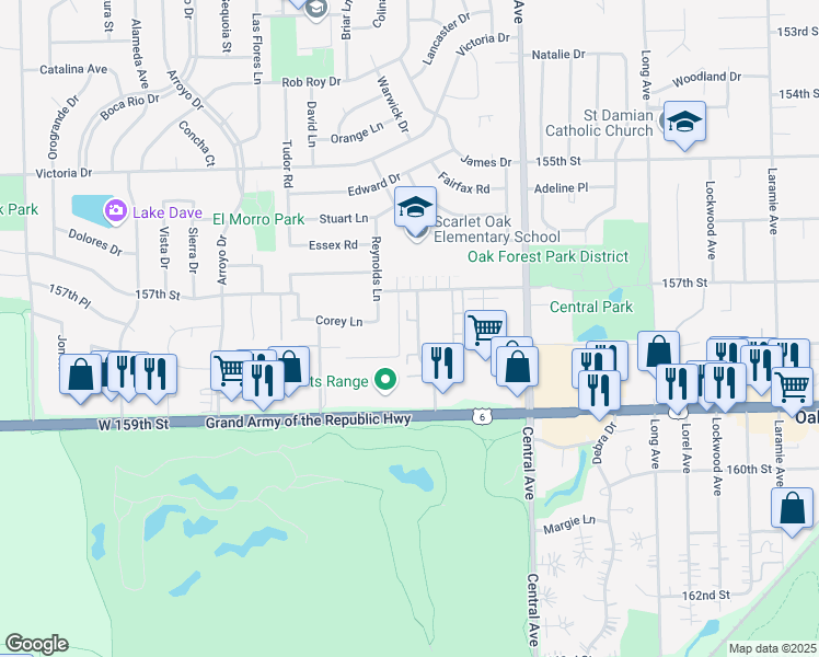 map of restaurants, bars, coffee shops, grocery stores, and more near 15718 Peggy Lane in Oak Forest