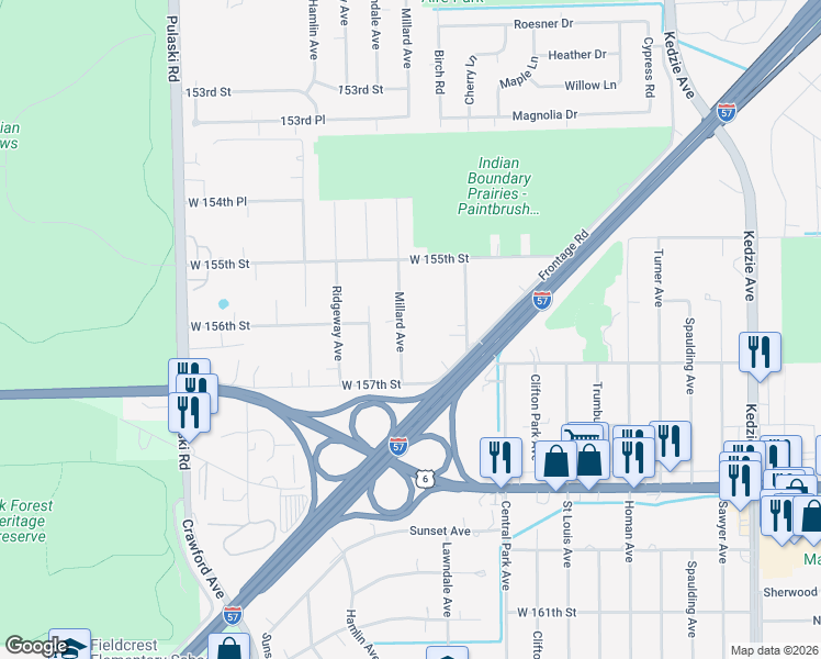 map of restaurants, bars, coffee shops, grocery stores, and more near 15607 Millard Avenue in Markham