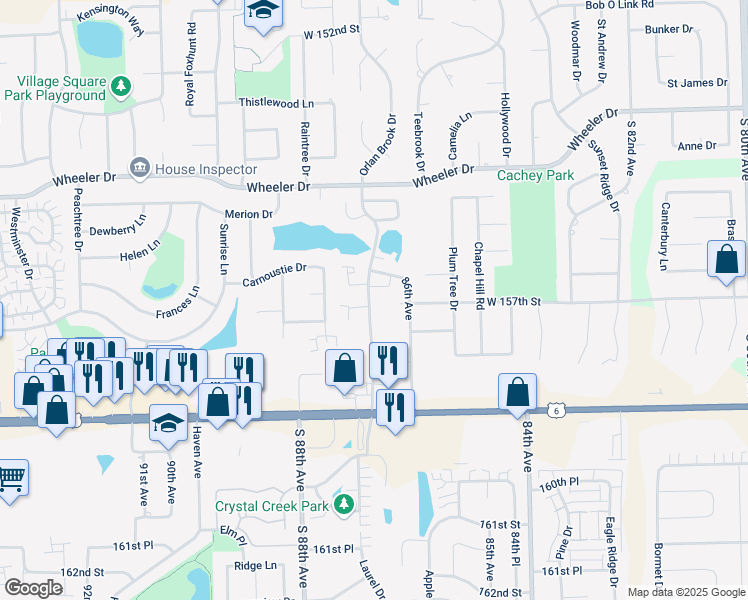 map of restaurants, bars, coffee shops, grocery stores, and more near 15717 Orlan Brook Drive in Orland Park