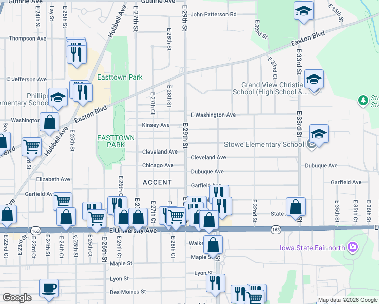 map of restaurants, bars, coffee shops, grocery stores, and more near 1407 East 29th Street in Des Moines