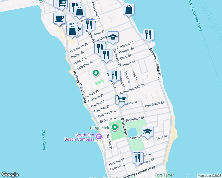 map of restaurants, bars, coffee shops, grocery stores, and more near 11 Oaklawn Street in New Bedford