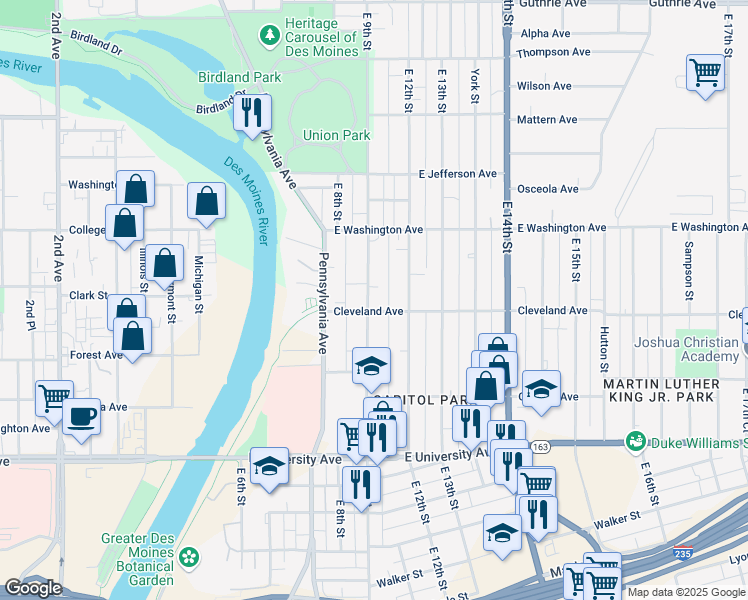 map of restaurants, bars, coffee shops, grocery stores, and more near 1405 East 9th Street in Des Moines