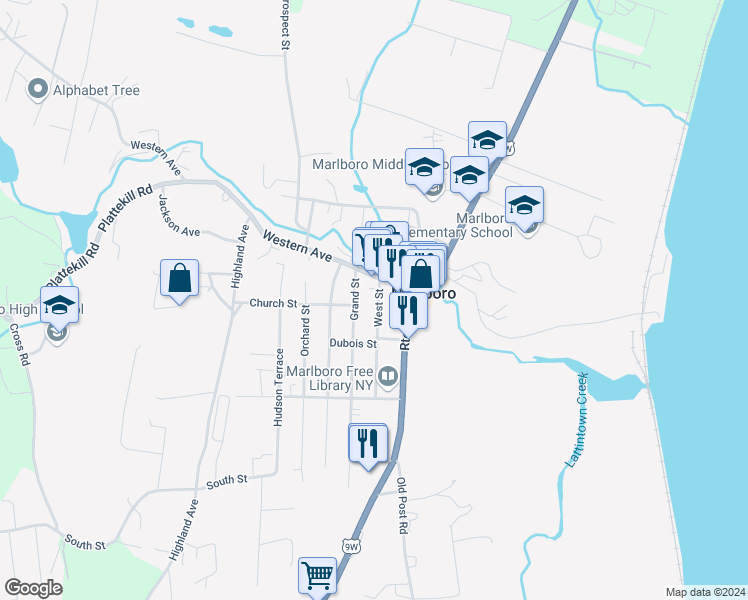 map of restaurants, bars, coffee shops, grocery stores, and more near 10 West Street in Marlboro