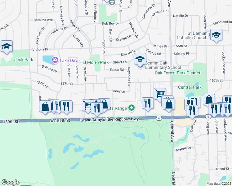 map of restaurants, bars, coffee shops, grocery stores, and more near 15729 Terrace Drive in Oak Forest