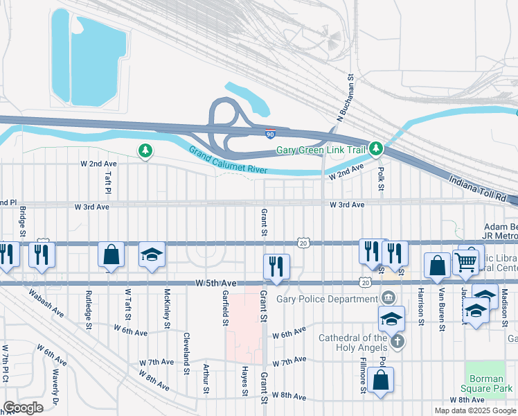 map of restaurants, bars, coffee shops, grocery stores, and more near 300 Grant Street in Gary