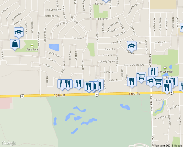 map of restaurants, bars, coffee shops, grocery stores, and more near 15731 La Paz Court in Oak Forest