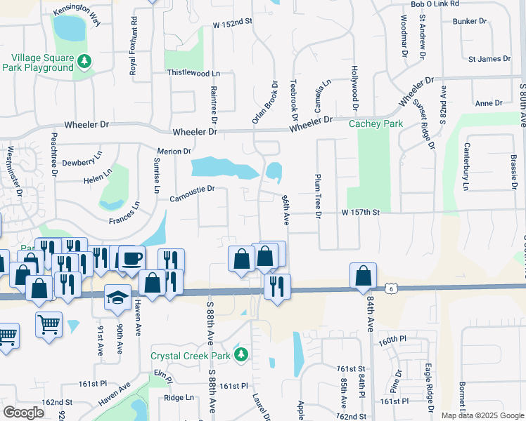 map of restaurants, bars, coffee shops, grocery stores, and more near 15514 Orlan Brook Drive in Orland Park