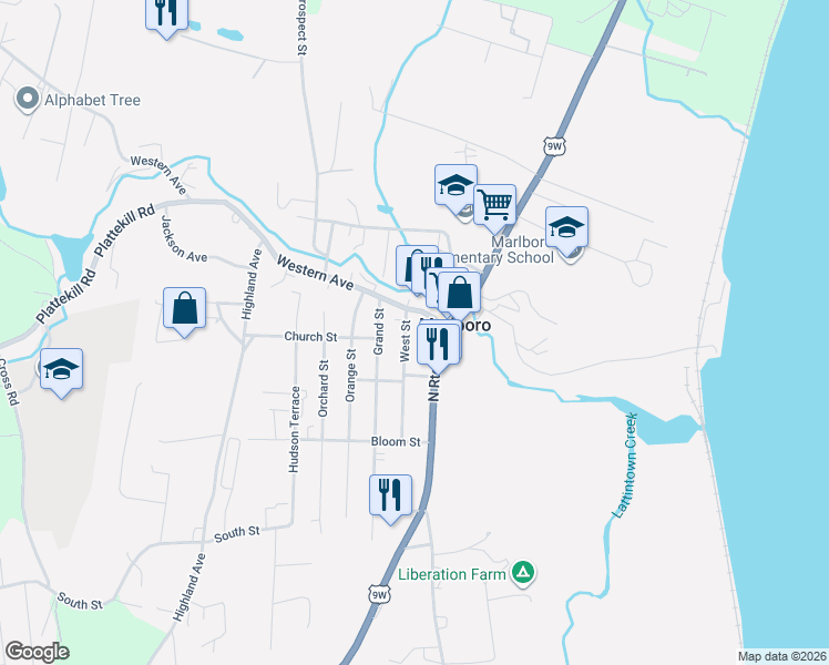 map of restaurants, bars, coffee shops, grocery stores, and more near 1 King Street in Marlboro
