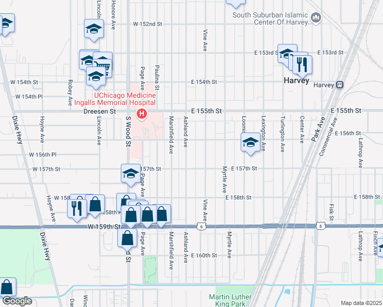 map of restaurants, bars, coffee shops, grocery stores, and more near 15623 Ashland Avenue in Harvey
