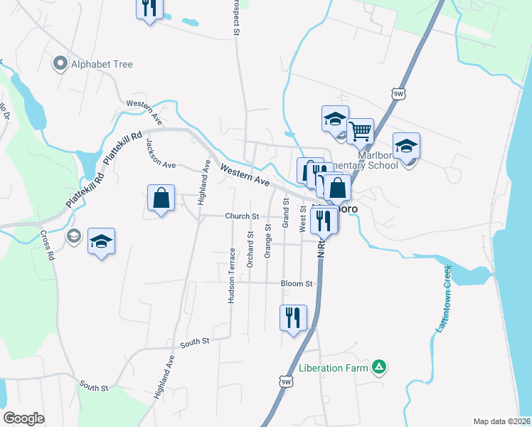 map of restaurants, bars, coffee shops, grocery stores, and more near 10 Church Street in Marlboro