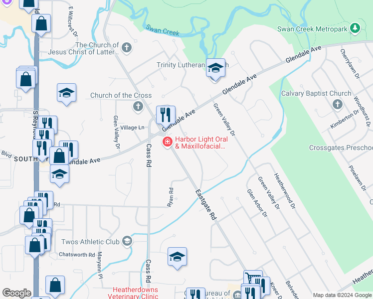 map of restaurants, bars, coffee shops, grocery stores, and more near 1866 Garden Ridge Drive in Toledo