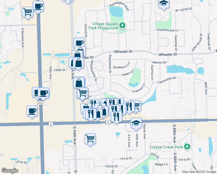 map of restaurants, bars, coffee shops, grocery stores, and more near 15660 Peachtree Drive in Orland Park