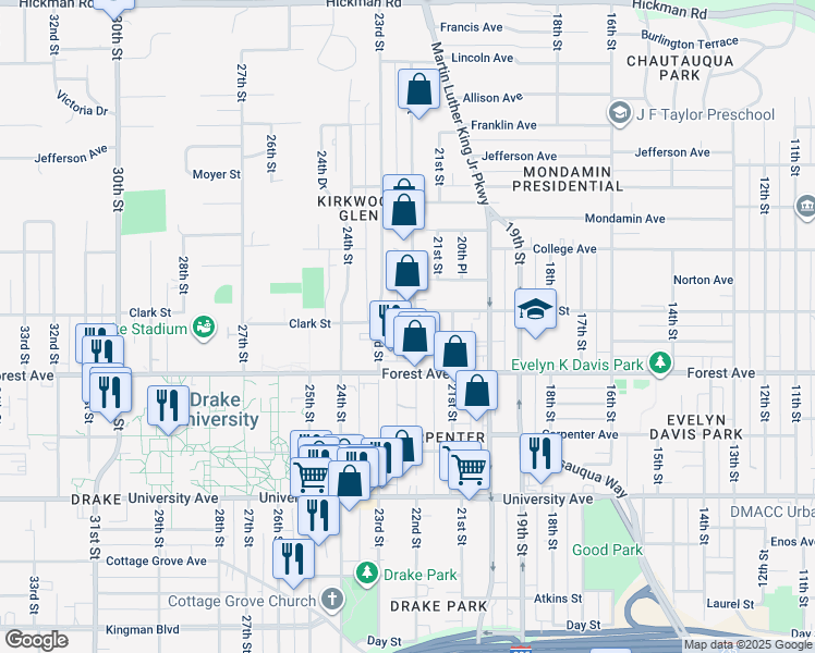map of restaurants, bars, coffee shops, grocery stores, and more near 1435 22nd Street in Des Moines